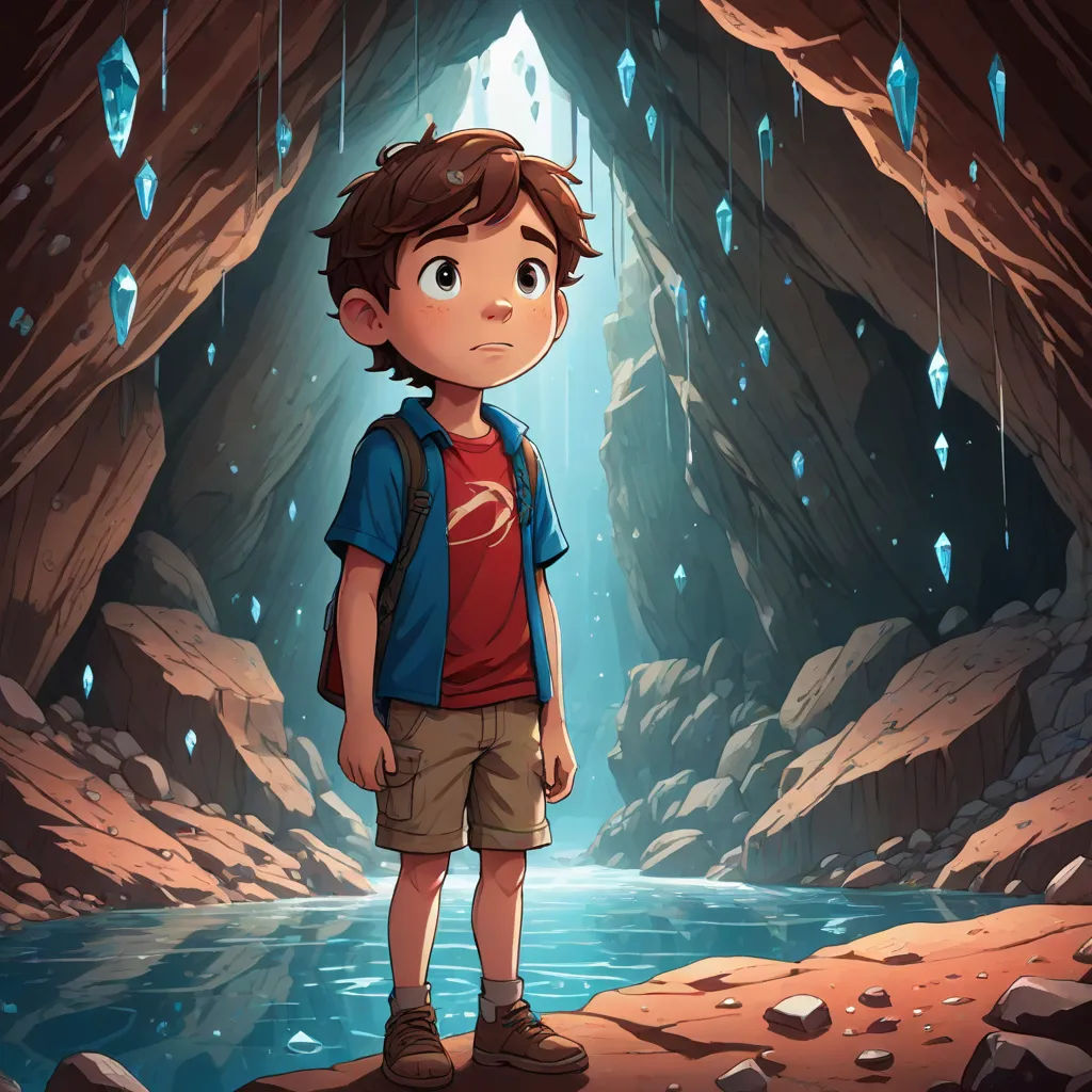 a boy standing in a cave looking at the water and rocks below him with a light coming from the cave, environmental art, concept art, Diego Gisbert Llorens, rossdraws global illumination