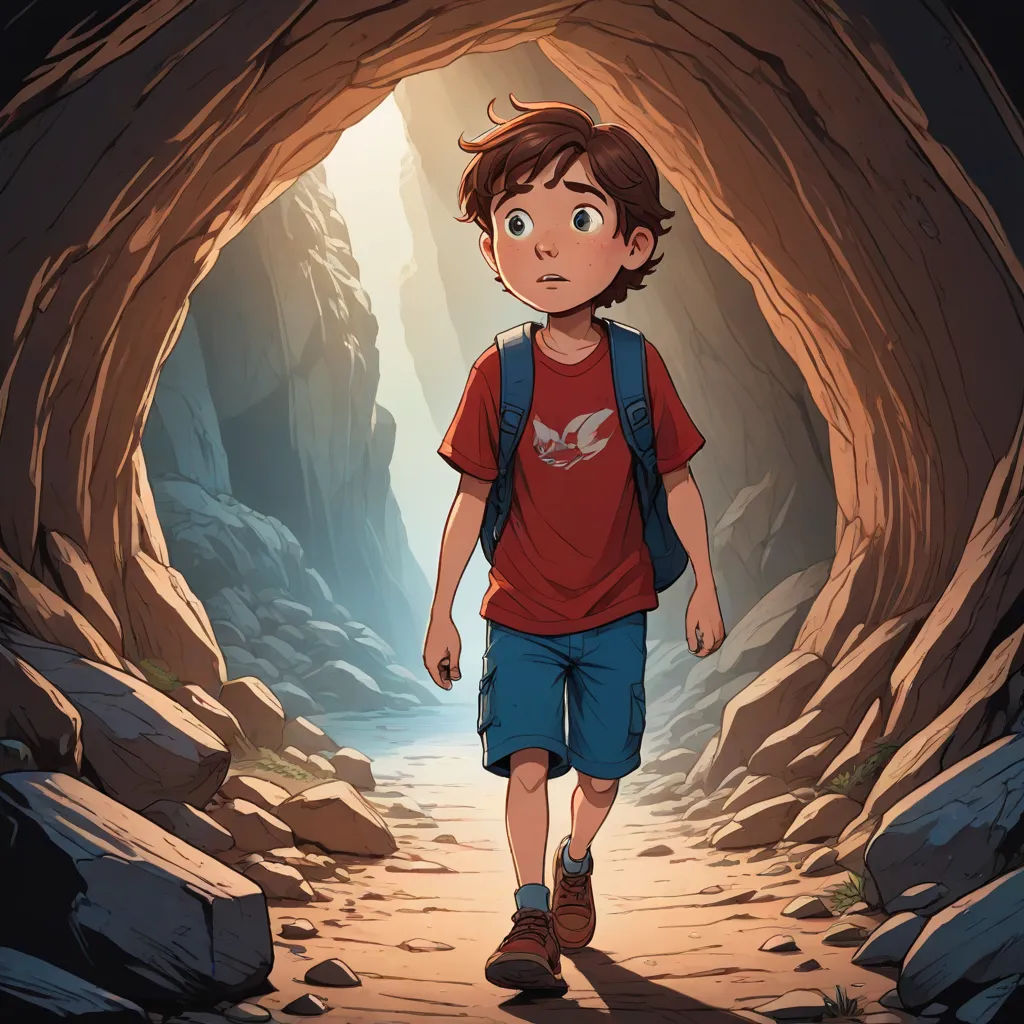 a boy walking through a cave with a backpack on his back and a backpack on his shoulder, in front of a cave entrance, process art, a storybook illustration, Diego Gisbert Llorens, rossdraws global illumination