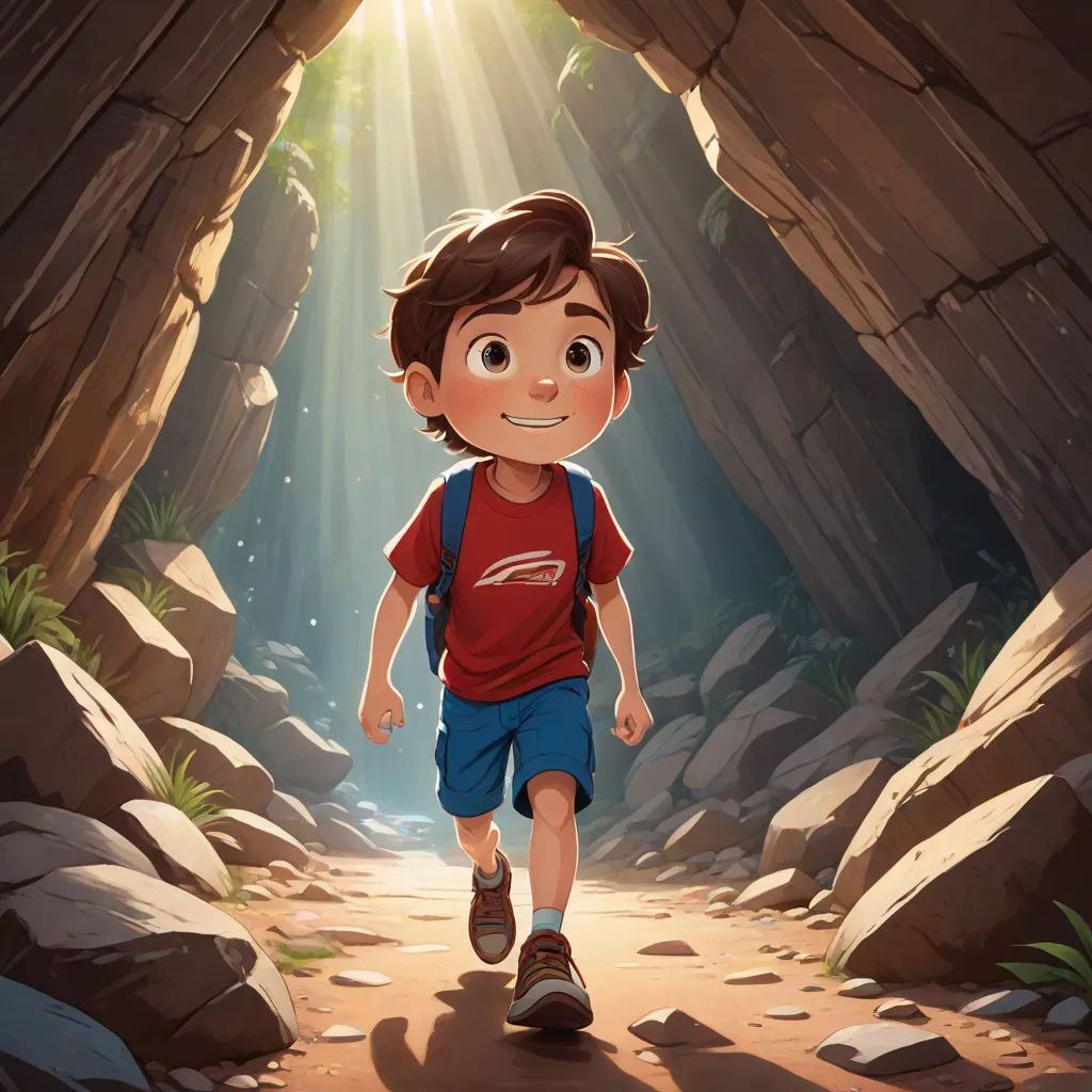 a boy is walking through a cave with a backpack on his back and a bright light coming from behind him, sots art, a storybook illustration, Cliff Childs, rossdraws global illumination