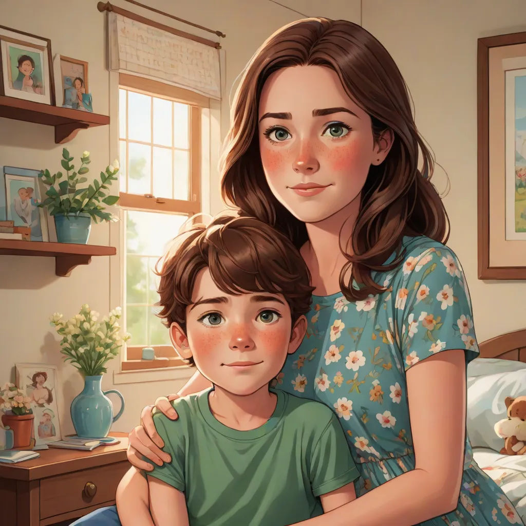 a woman and a child are sitting on a bed together in a bedroom with a teddy bear on the bed, serial art, a storybook illustration, Elizabeth Forbes, ultra realistic illustration