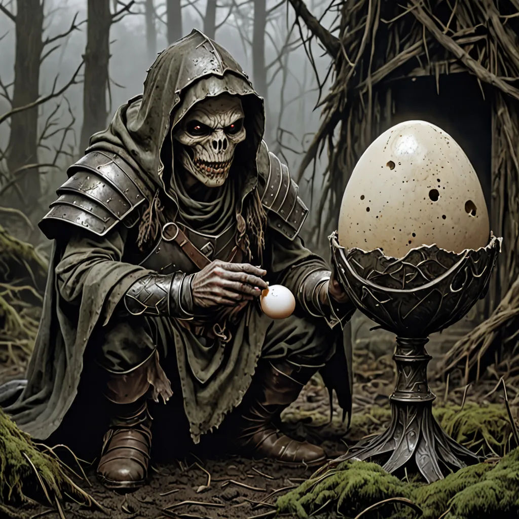 a man in a costume holding an egg in a forest with a skull on it and a skull in the background, a detailed painting, magic the gathering artwork, fantasy art, Ed Binkley