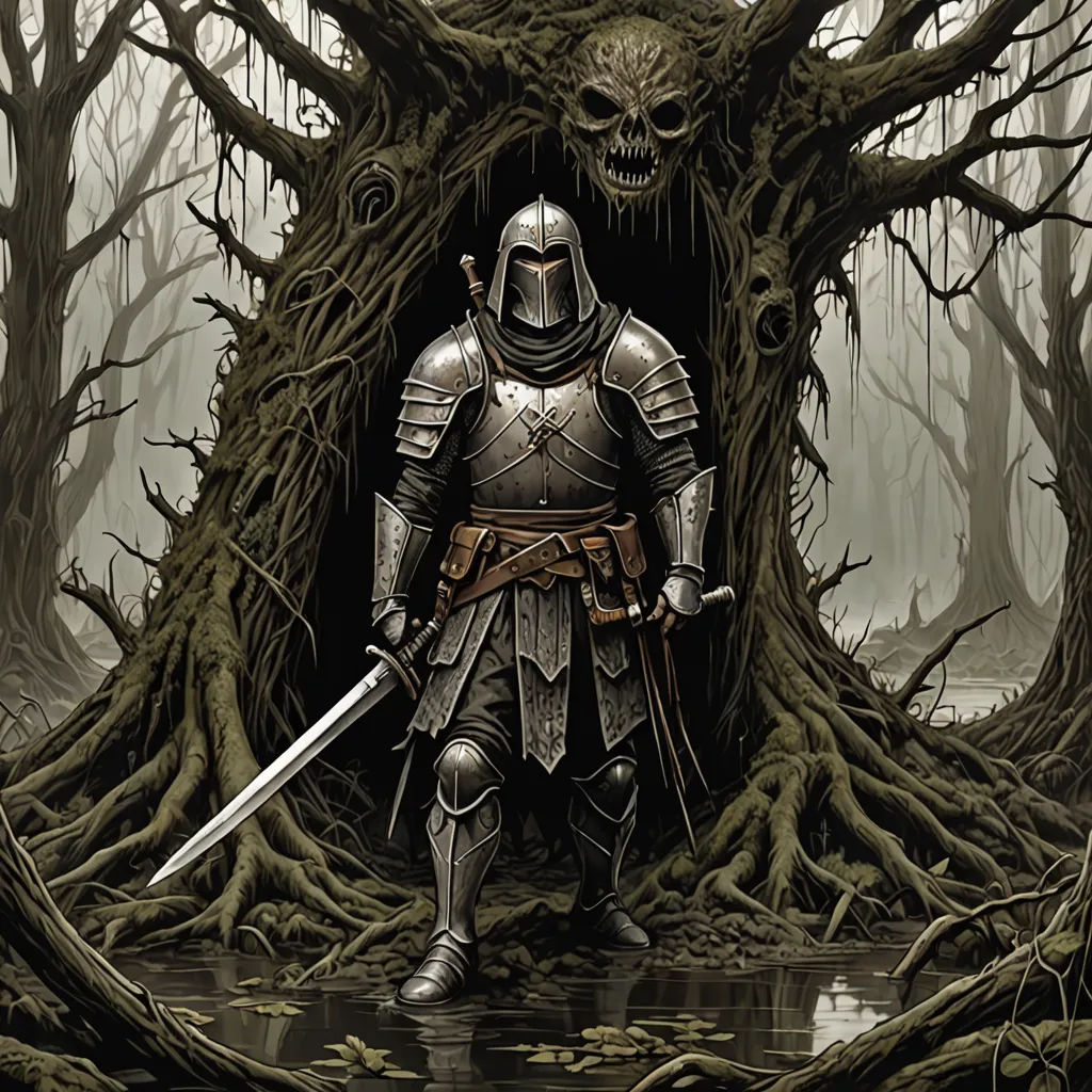 a knight standing in a swamp with a skull in the background and a giant tree in the foreground, concept art, dark fantasy art, fantasy art, Anato Finnstark