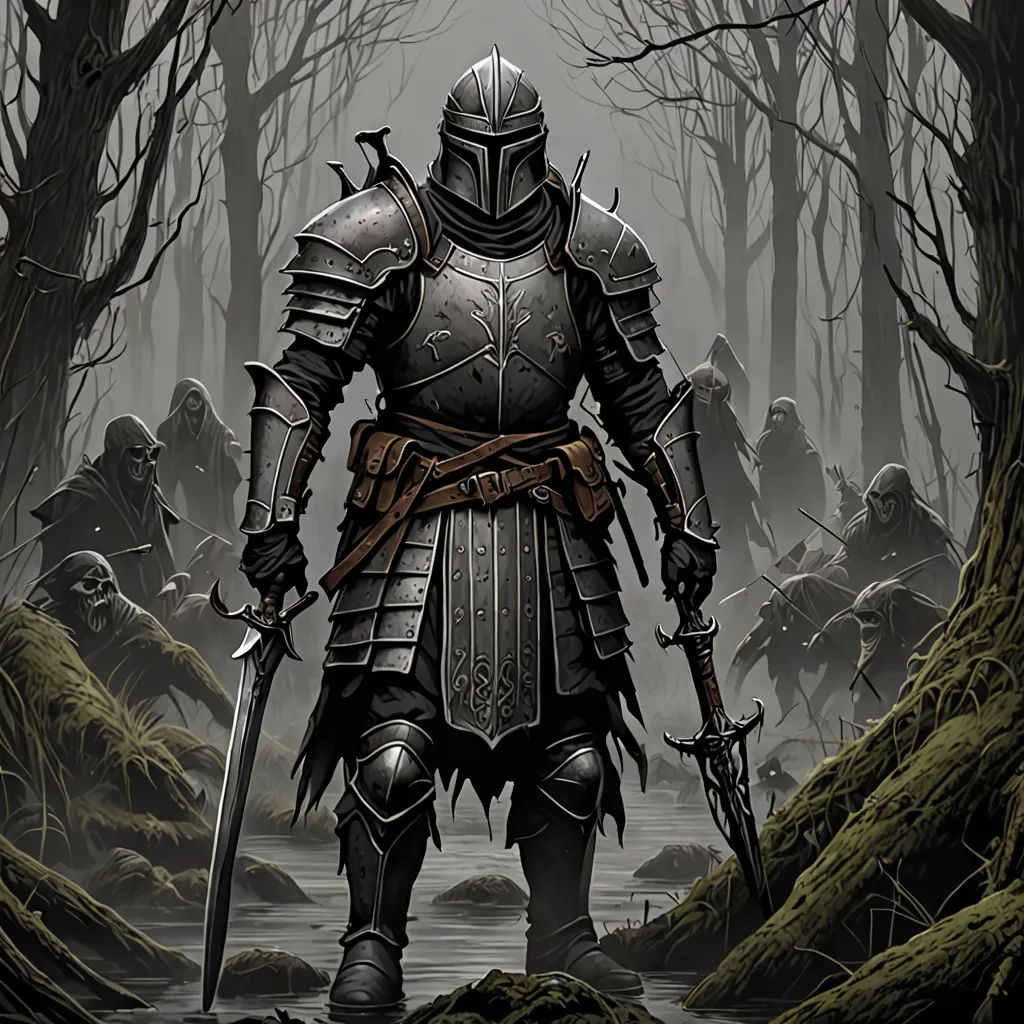 a knight in a forest with a sword and a lot of people in the background with trees and bushes, concept art, dark fantasy art, antipodeans, Eddie Mendoza
