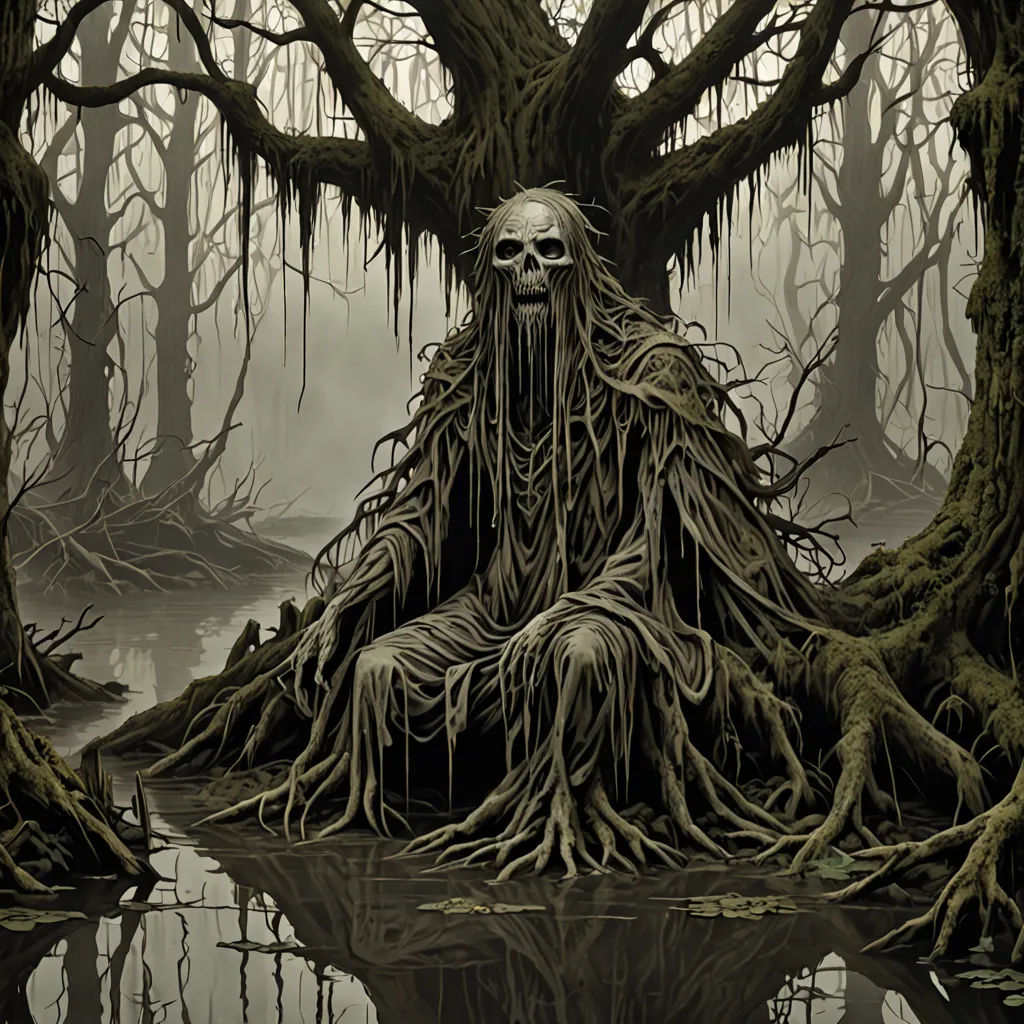 a creepy looking tree with a skeleton face in the middle of it's roots and water in the foreground, a woodcut, dark fantasy art, gothic art, Ed Binkley