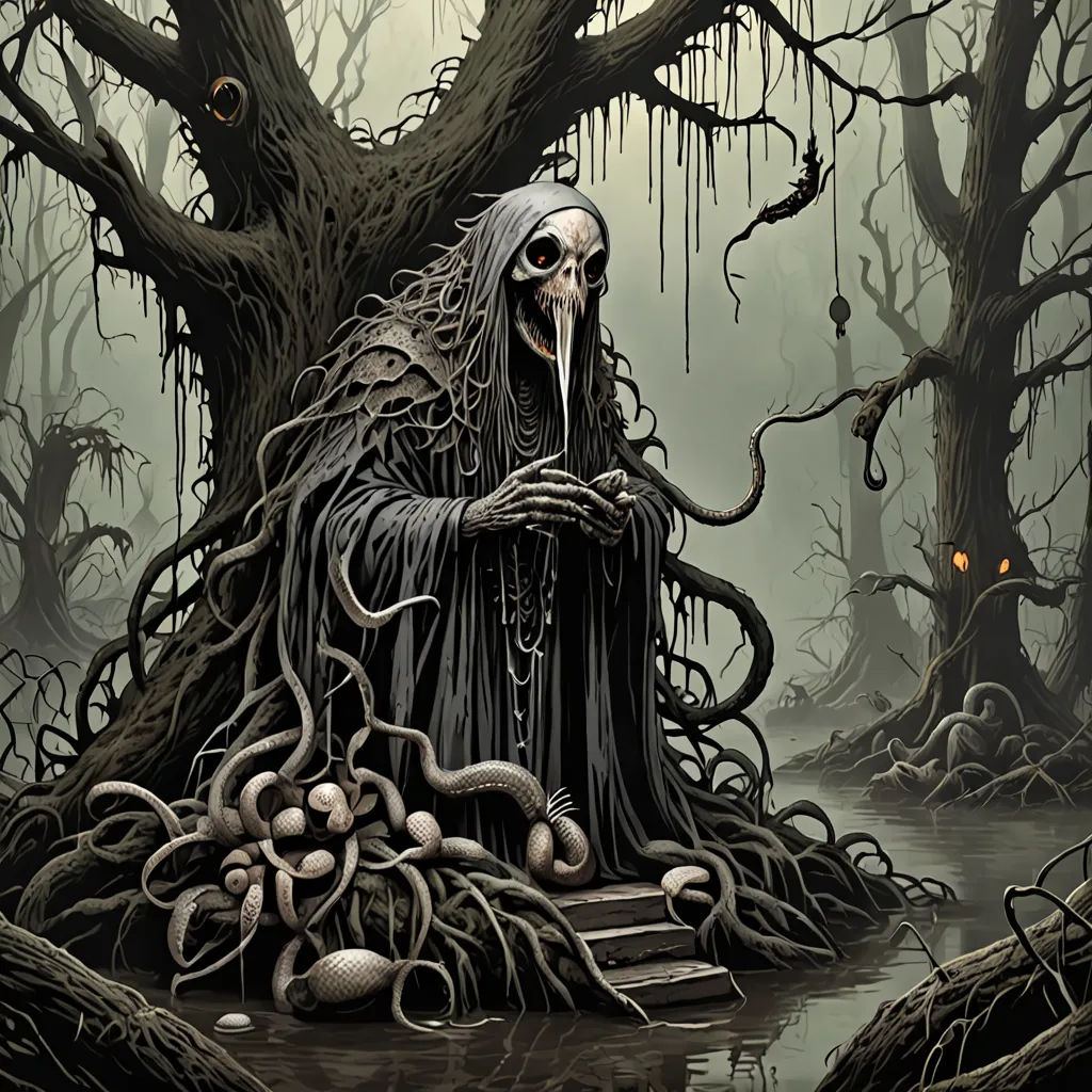 a skeleton sitting on a bench in a swampy area with trees and mushrooms around it, with a creepy looking face, an ultrafine detailed painting, eldritch, gothic art, Dirk Crabeth