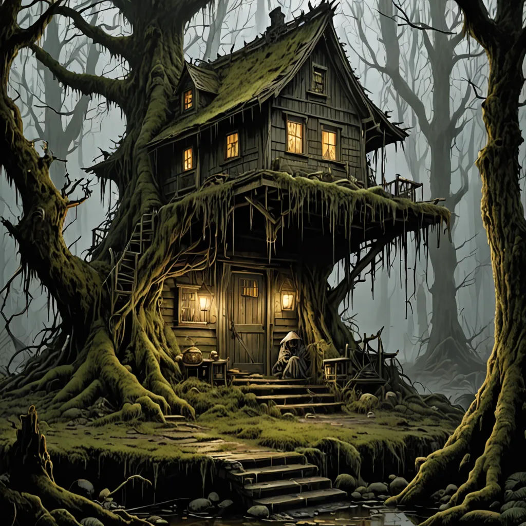a house in the woods with a tree house on it's roof and stairs leading up to it, a storybook illustration, storybook illustration, fantasy art, Dan Mumford