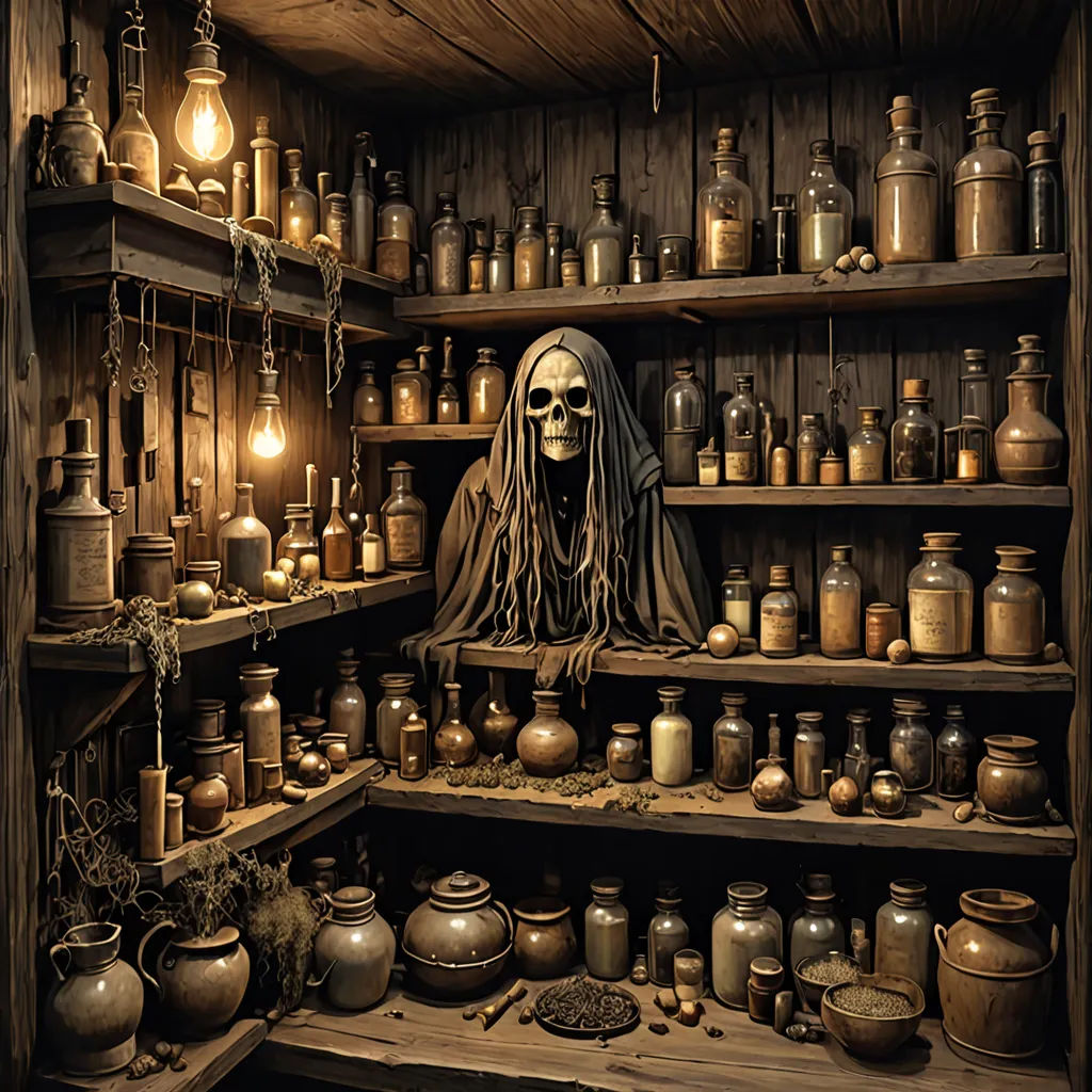a room filled with lots of jars and a skeleton statue in the middle of the room with a light on, a still life, dark art, vanitas, Dirk Crabeth