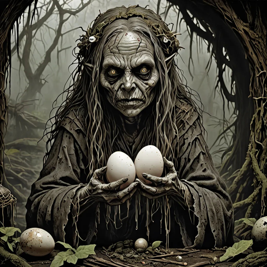 a creepy looking man holding two eggs in a forest with trees and branches around him, with a creepy look on his face, a storybook illustration, magic the gathering artwork, gothic art, Ed Binkley