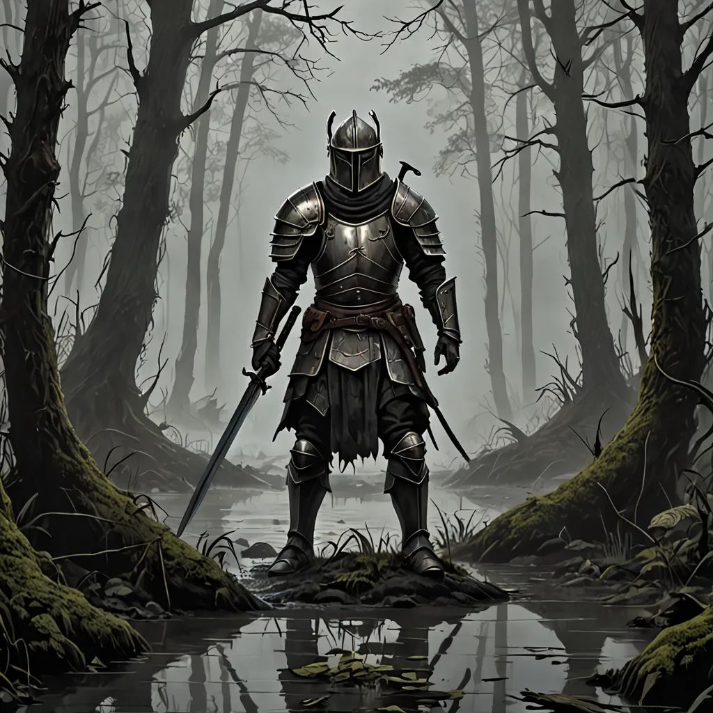 a knight standing in a forest holding a sword and a sword in his hand, with a pond in the foreground, concept art, dark fantasy art, fantasy art, Artur Tarnowski