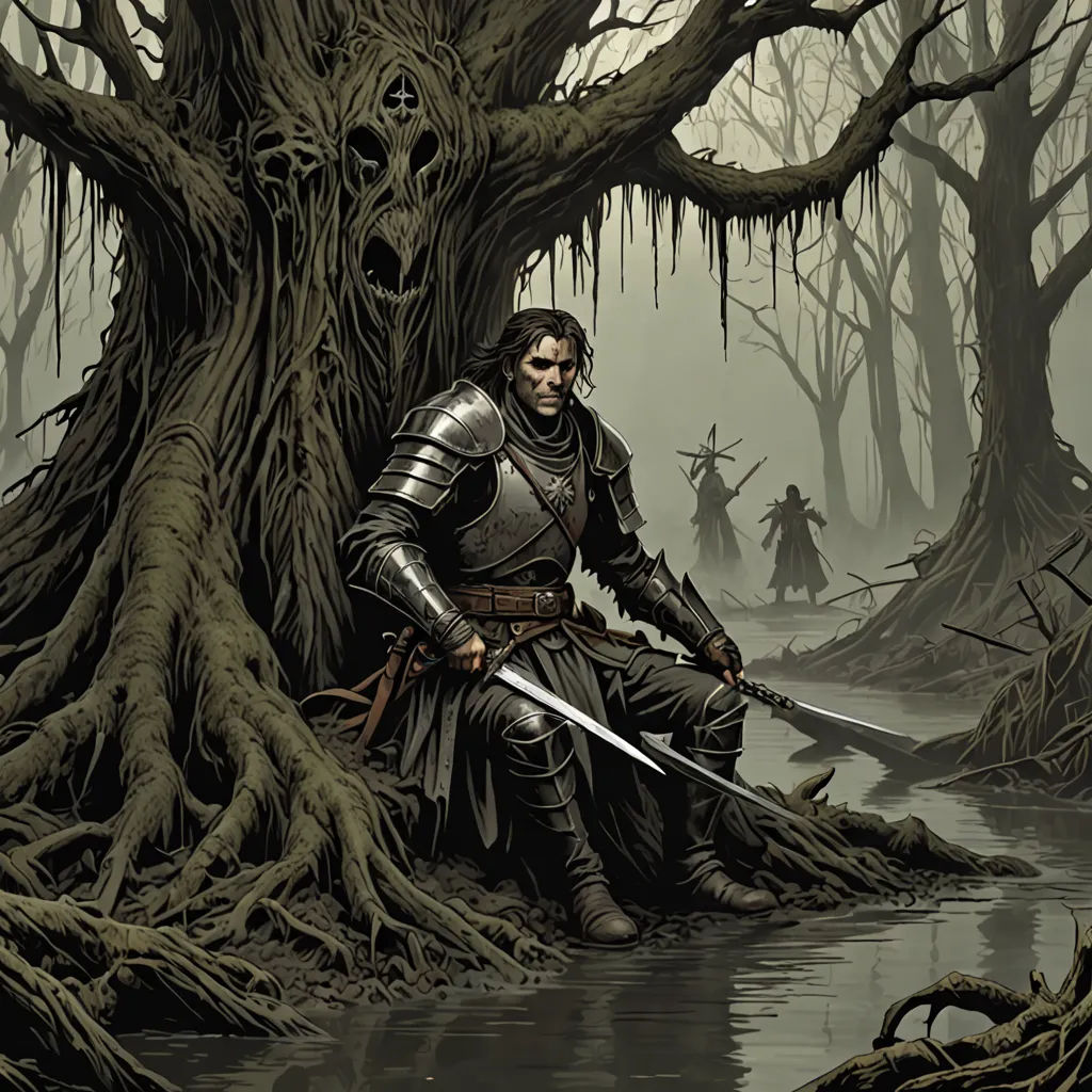 a man in a suit of armor sitting on a tree in a swamp with two swords in his hand, concept art, dark fantasy art, fantasy art, Chris Rahn