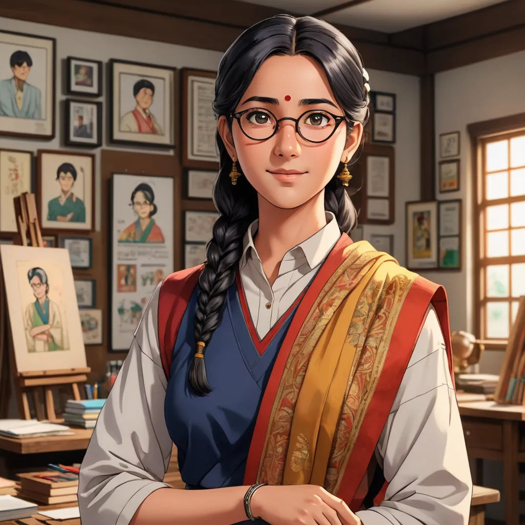 a woman with glasses and a braid standing in a room with pictures on the wall and a painting on the wall, bengal school of art, a character portrait, Artgerm, official art