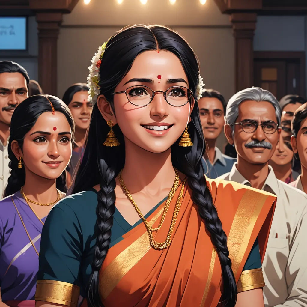 a woman in a sari and glasses standing in front of a crowd of people in a building with a man in the background, bengal school of art, a comic book panel, Ella Guru, official art