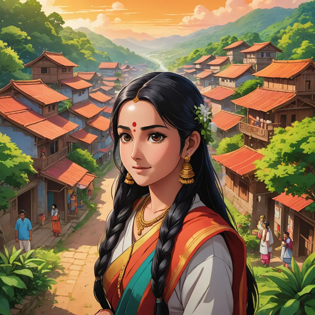 a woman in a colorful dress standing in front of a village with a red roof and a red roof, samikshavad, a character portrait, Ella Guru, official art