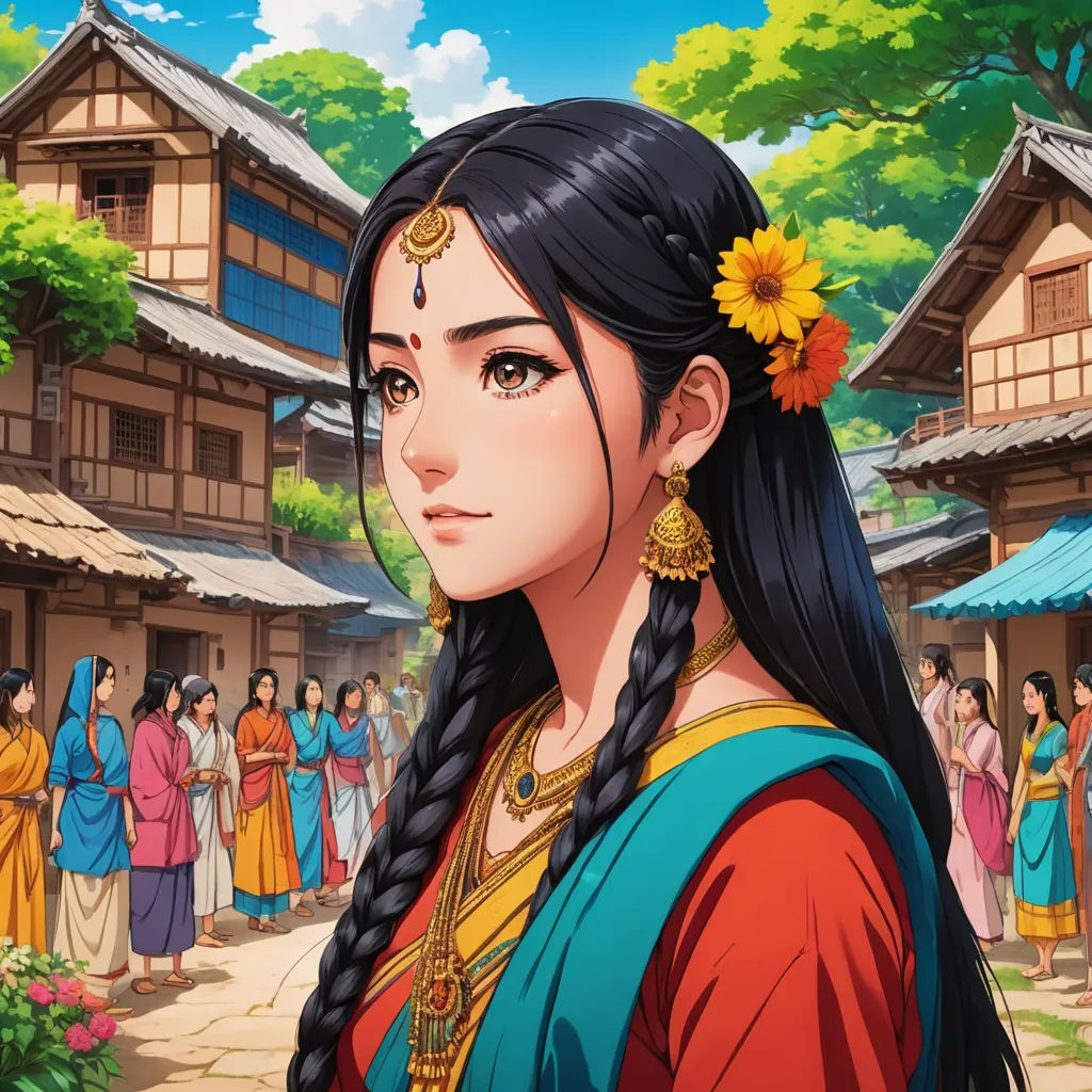 a woman with long hair and a flower in her hair stands in front of a crowd of people in traditional japanese dress, fantasy art, a detailed painting, Chen Chun, orientalism