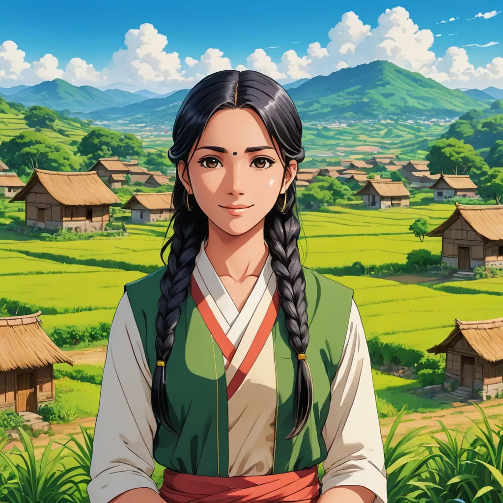 a girl in a green dress standing in front of a village with mountains and grass in the background and a sky with clouds, regionalism, a character portrait, Ayako Rokkaku, official art