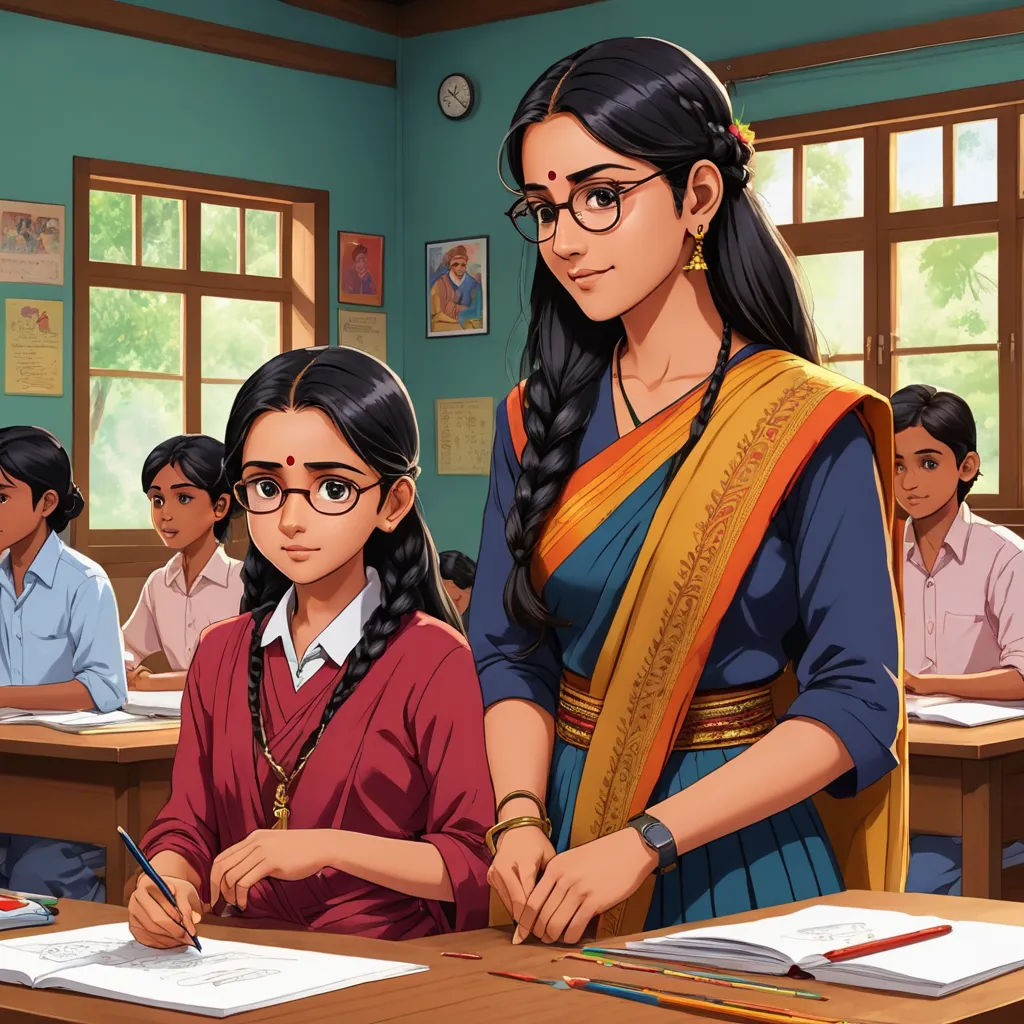 a girl is writing in a classroom with other students in the background and a teacher in the foreground, bengal school of art, a comic book panel, Ella Guru, official art