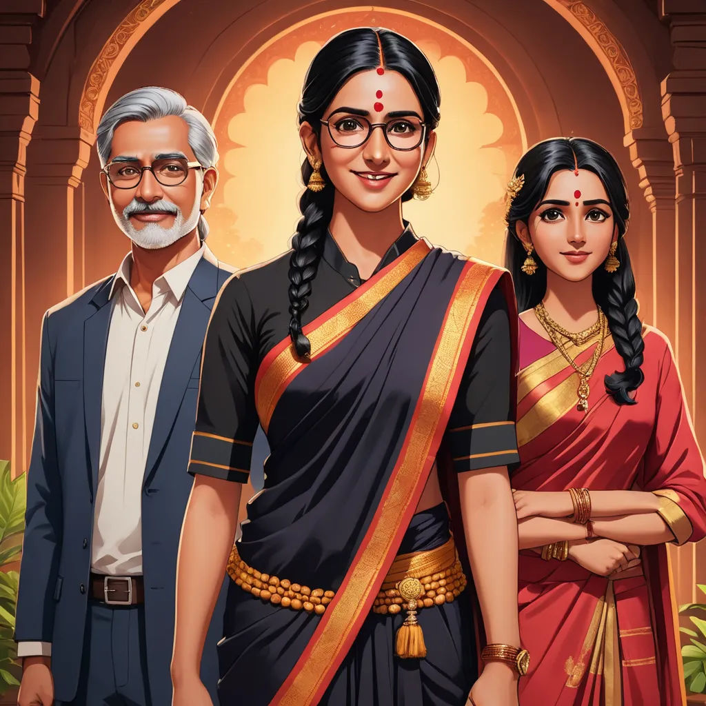 a man and woman standing next to each other in front of a doorway with a man in a suit, bengal school of art, poster art, Ella Guru, promotional image