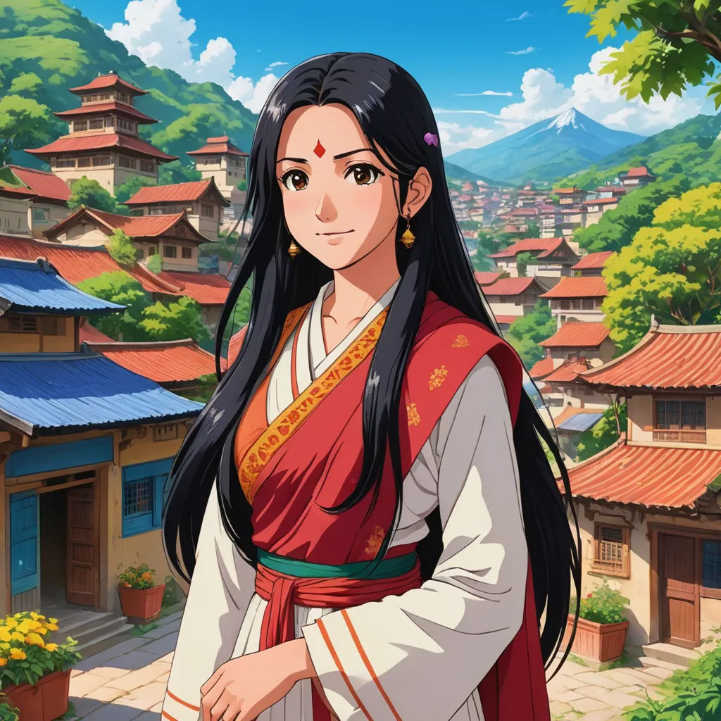 a woman in a red and white dress standing in front of a village with mountains and trees in the background, cloisonnism, a character portrait, Ayako Rokkaku, official art