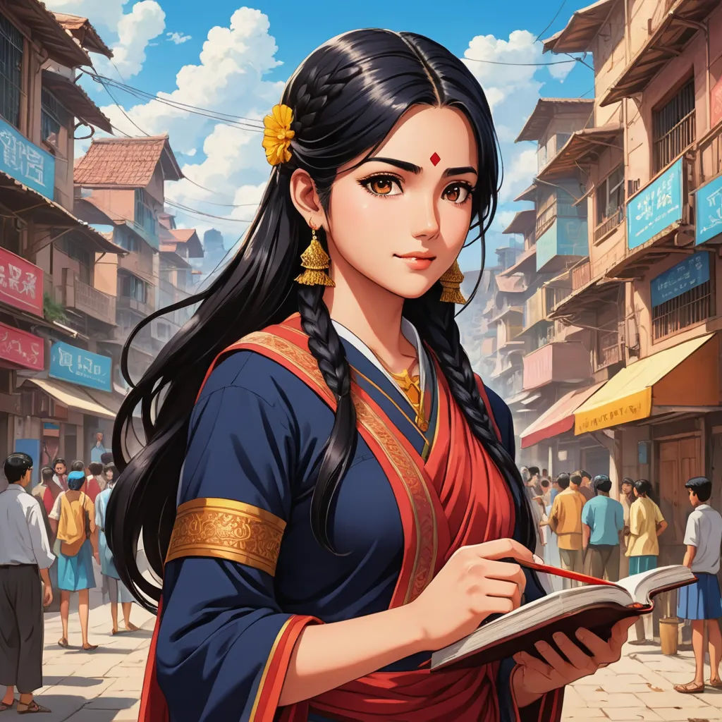a woman in a red and blue dress holding a book in her hands and looking at the camera with a crowd of people in the background, fantasy art, a detailed painting, Artgerm, game art