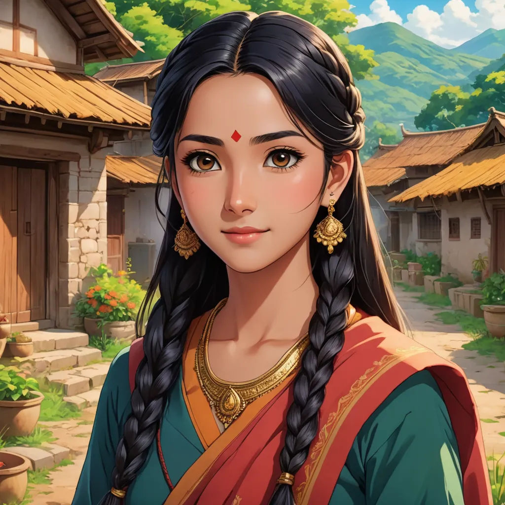 a woman in a green and red outfit standing in front of a village with a mountain in the background, fantasy art, a character portrait, Chen Hong, rpg portrait