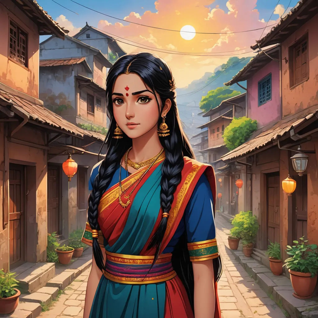 a woman in a colorful sari standing in a street with a sunset in the background and a building with a sky background, fantasy art, a detailed painting, Ella Guru, official art