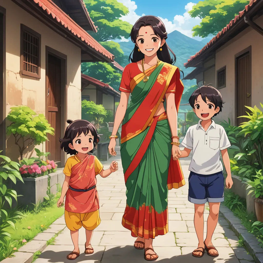 a woman and two children walking down a street in front of a house with a mountain in the background, samikshavad, a storybook illustration, Ella Guru, official art