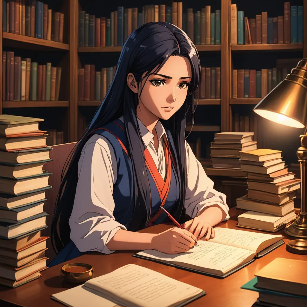 a girl sitting at a desk with a book and a lamp in front of her and a bookcase behind her, remodernism, a character portrait, Chen Lin, official art