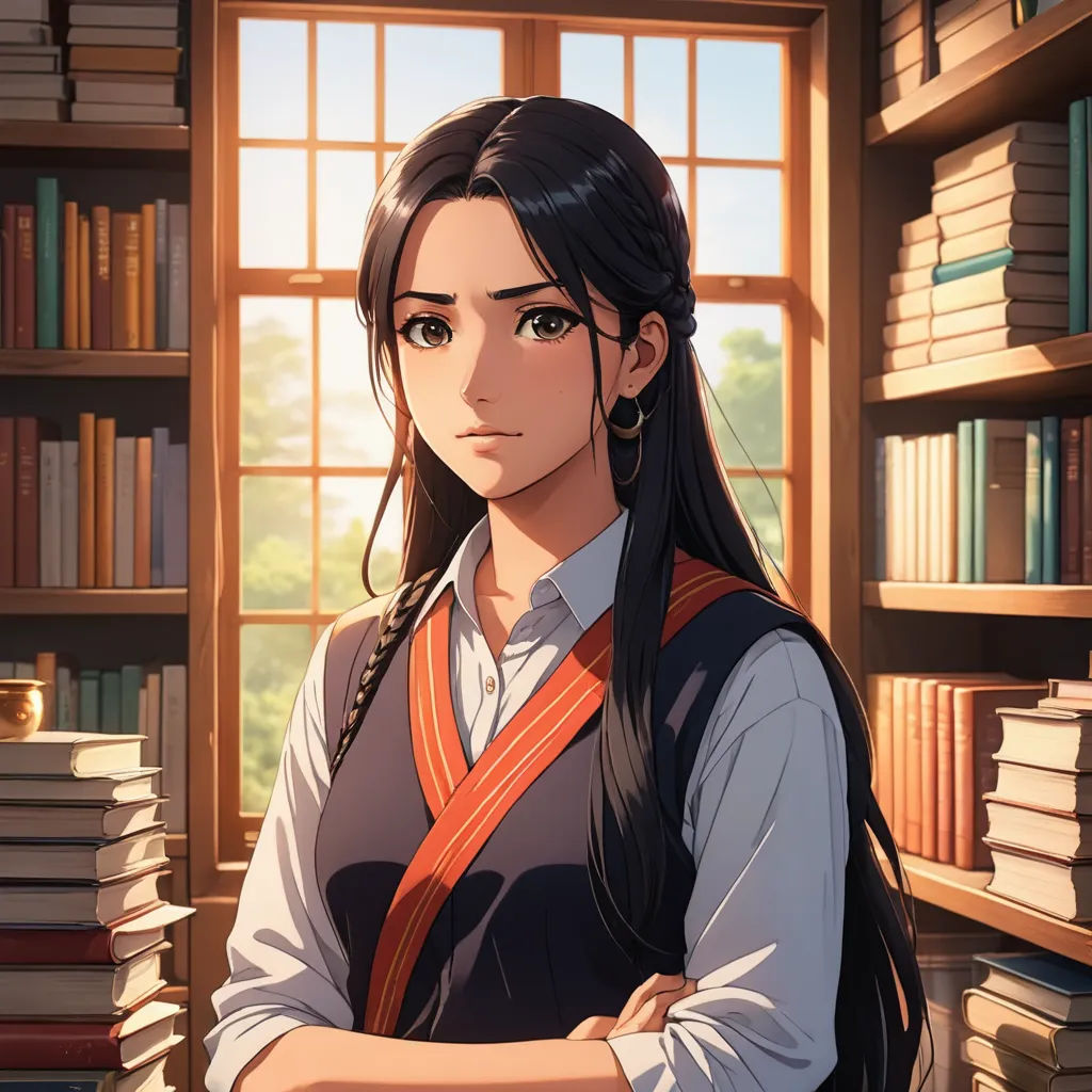 a girl standing in front of a book shelf with books on it's shelves and a window behind her, remodernism, a character portrait, Chen Lin, official art