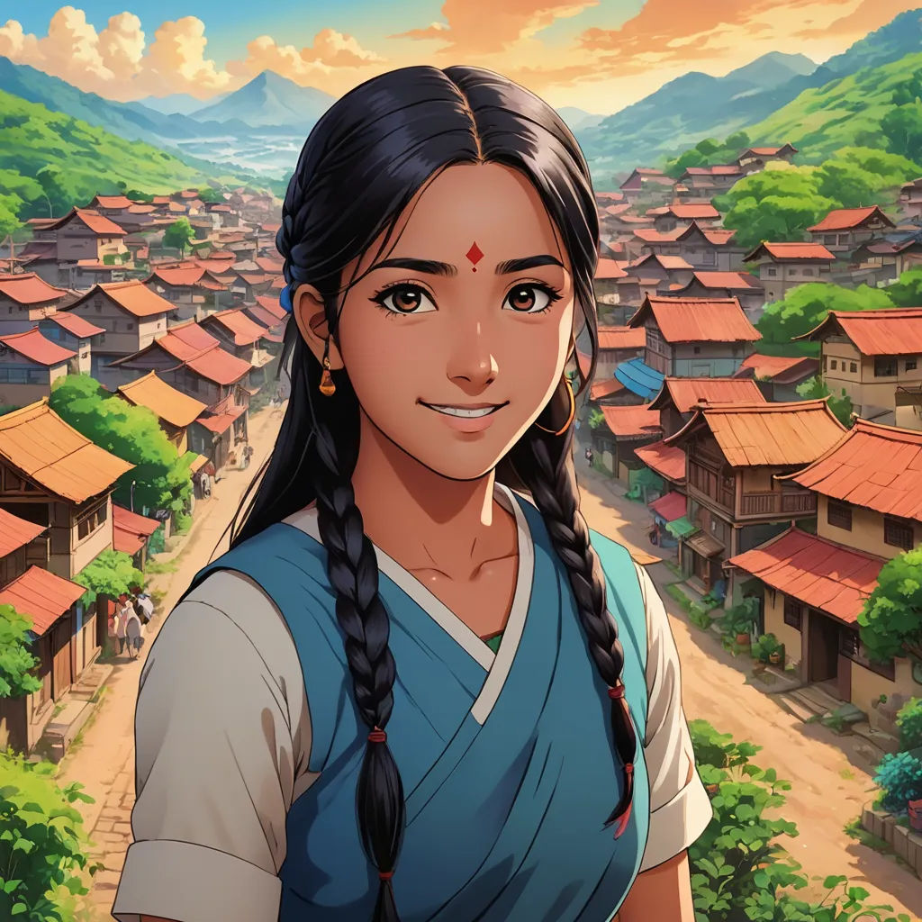 a woman with long hair standing in front of a village with a mountain in the background and a sky with clouds, cloisonnism, a character portrait, Ella Guru, official art