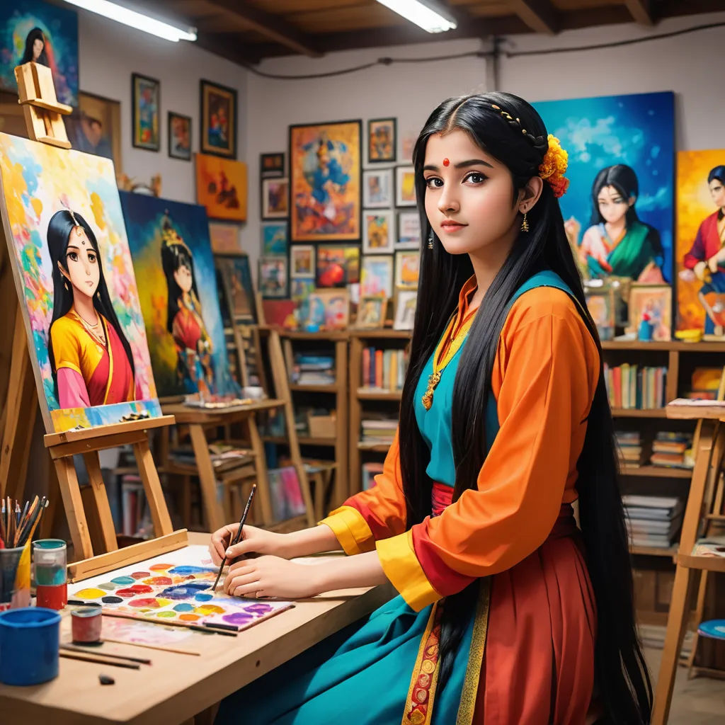 a woman sitting at a table with a painting on it and a brush in her hand and a palette in her other hand, bengal school of art, a painting, artist, extremely detailed oil painting