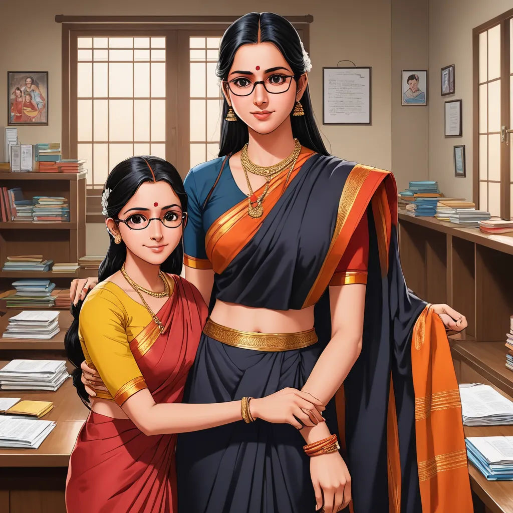 a woman and a girl in a room with books on the shelves and a desk with books on it, bengal school of art, a comic book panel, Ella Guru, official art