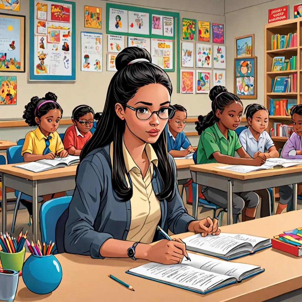 a cartoon of a girl sitting at a desk in a classroom with other children in the background and a teacher in the foreground, a comic book panel, comic cover art, academic art, Ella Guru