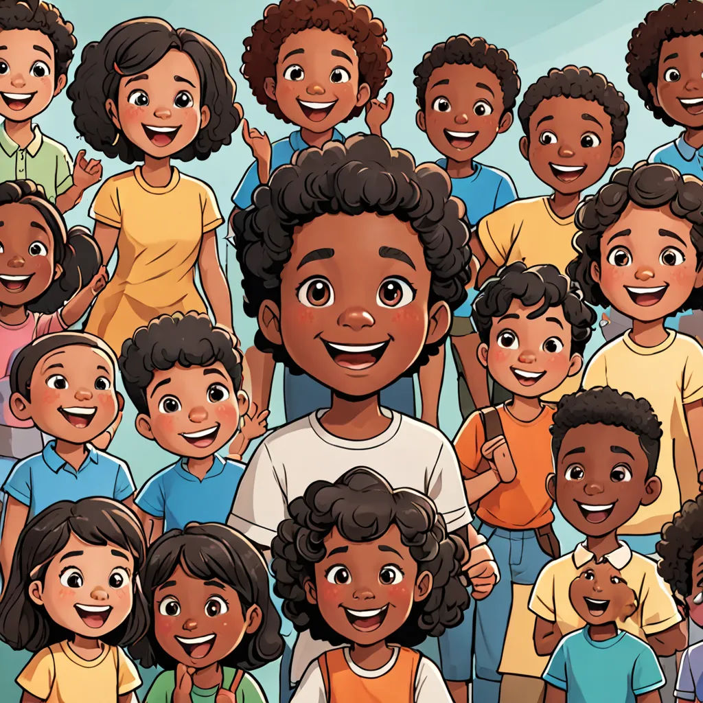 a group of children standing together in front of a blue background with a cartoon of them smiling and waving, a storybook illustration, detailed illustration, lyco art, Chinwe Chukwuogo-Roy