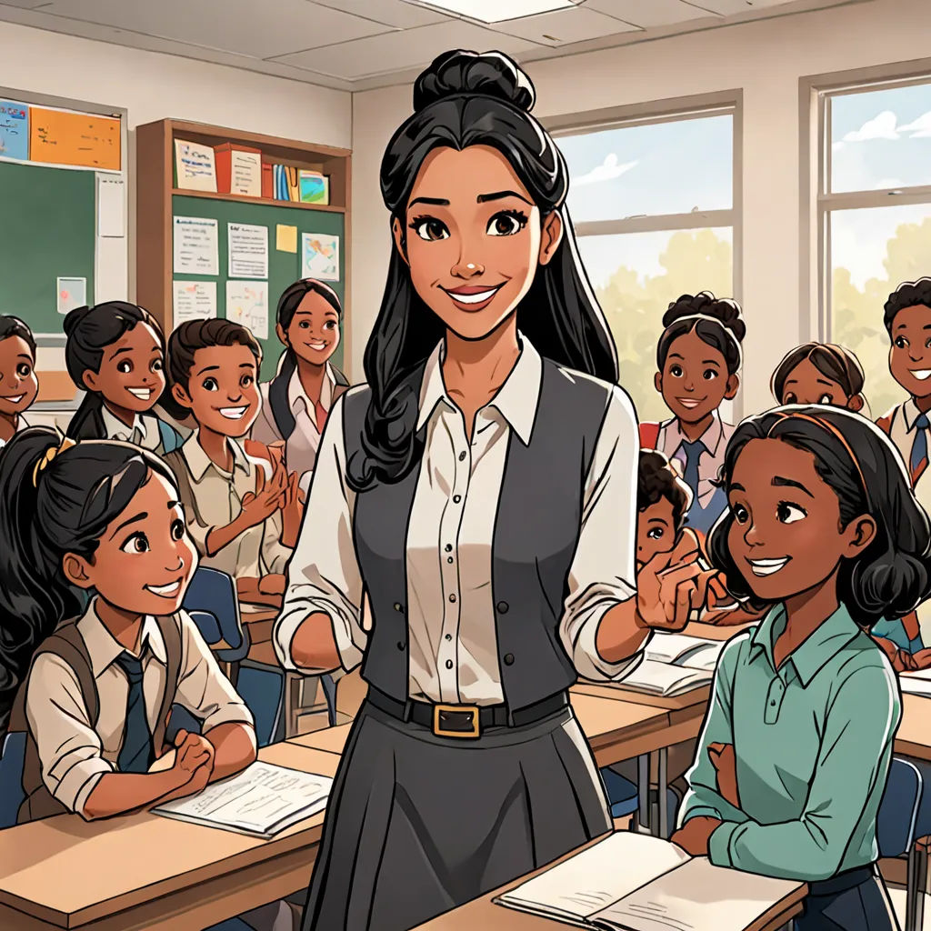 a cartoon of a teacher in a classroom with her students in the background and a cartoon of a woman teacher, a comic book panel, official art, paris school, disney