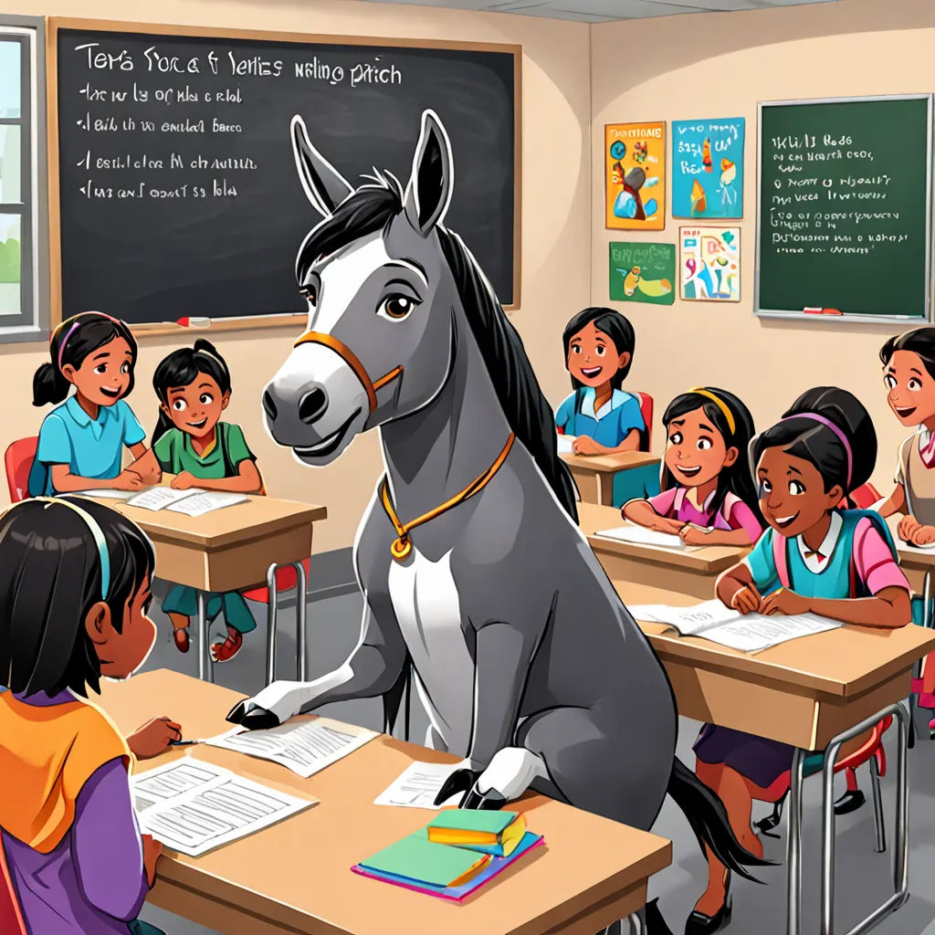 a horse in a classroom with children sitting at desks and a teacher standing in front of the desk, a storybook illustration, storybook illustration, samikshavad, Ella Guru