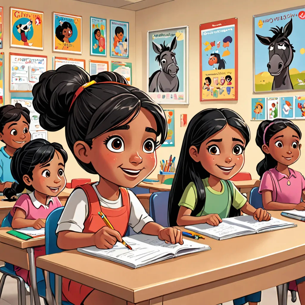 a group of children sitting at desks in a classroom with a horse on the wall behind them and a teacher, a storybook illustration, official art, academic art, Ella Guru