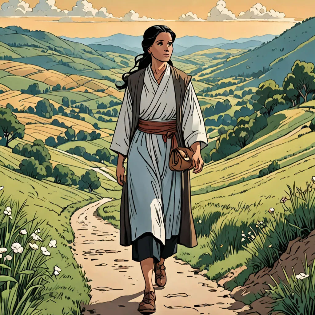 a woman walking down a dirt road in a field with a sky background and clouds above her, with a path leading to a valley, a comic book panel, comic cover art, process art, Asaf Hanuka