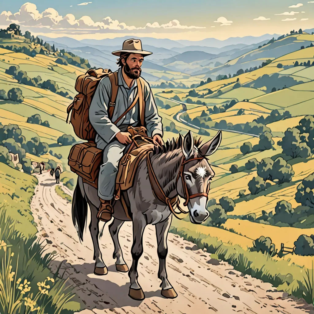 a man riding a donkey down a dirt road in the mountains with a pack on his back and a dog on the other side, a character portrait, western comic book art, les automatistes, Diego Gisbert Llorens