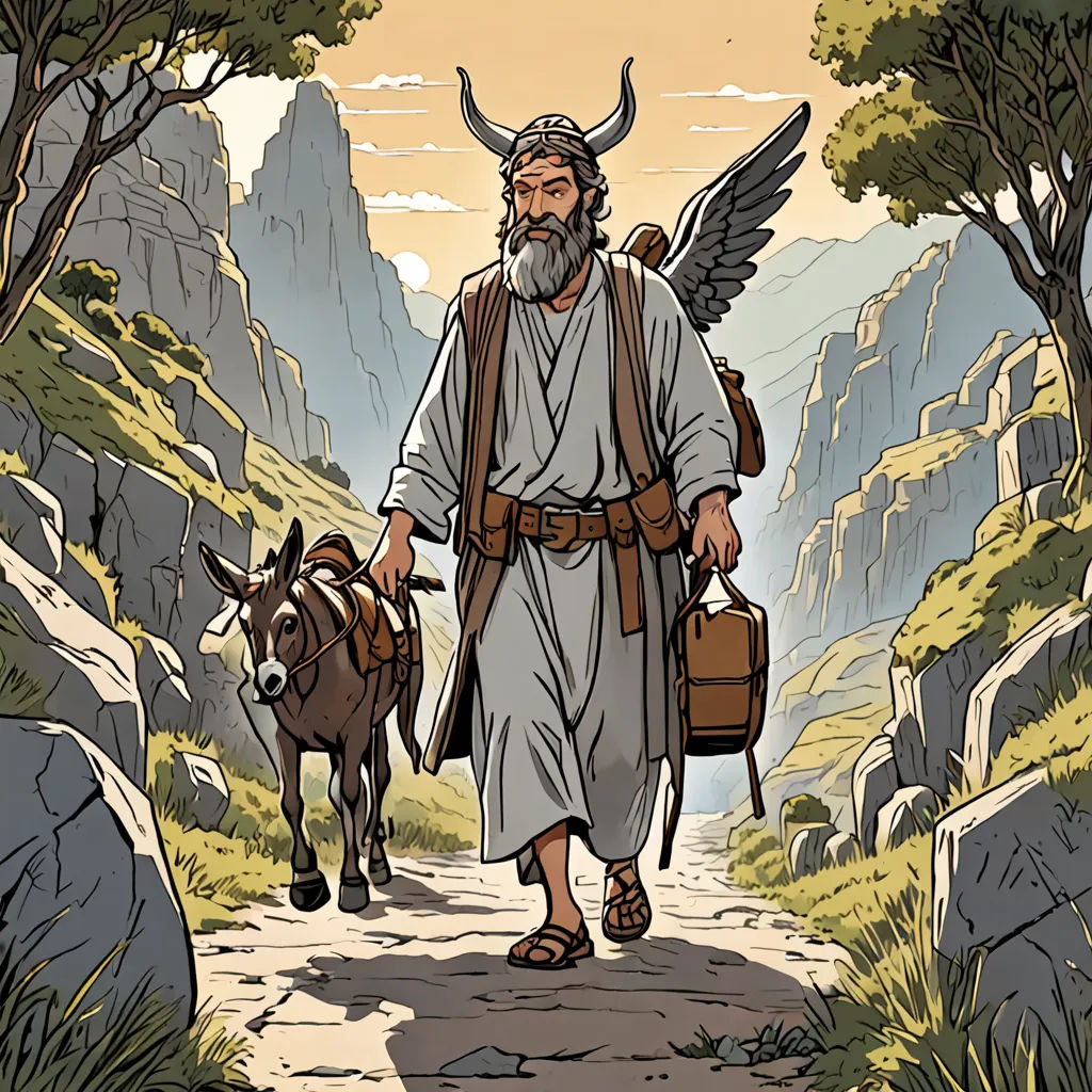 a man with a goat and a backpack walking down a path with a goat on the side of it, a storybook illustration, yusuke murata, fantasy art, Asaf Hanuka