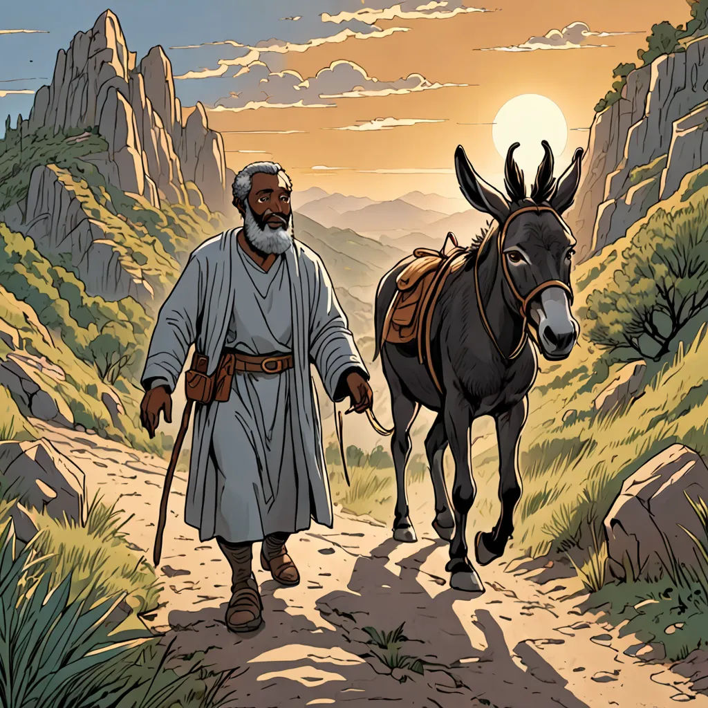 a man walking a donkey down a dirt road with a mountain in the background at sunset or dawn with a sky full of clouds, a comic book panel, western comic book art, private press, Asaf Hanuka
