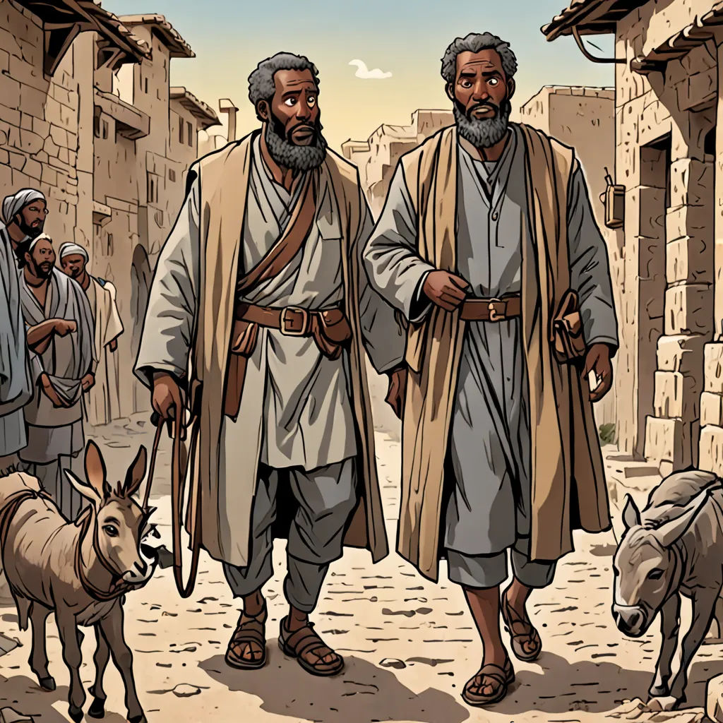 a cartoon of two men walking down a street with donkeys and donkeys nearby on a sunny day, a storybook illustration, detailed illustration, les nabis, Brothers Hildebrandt