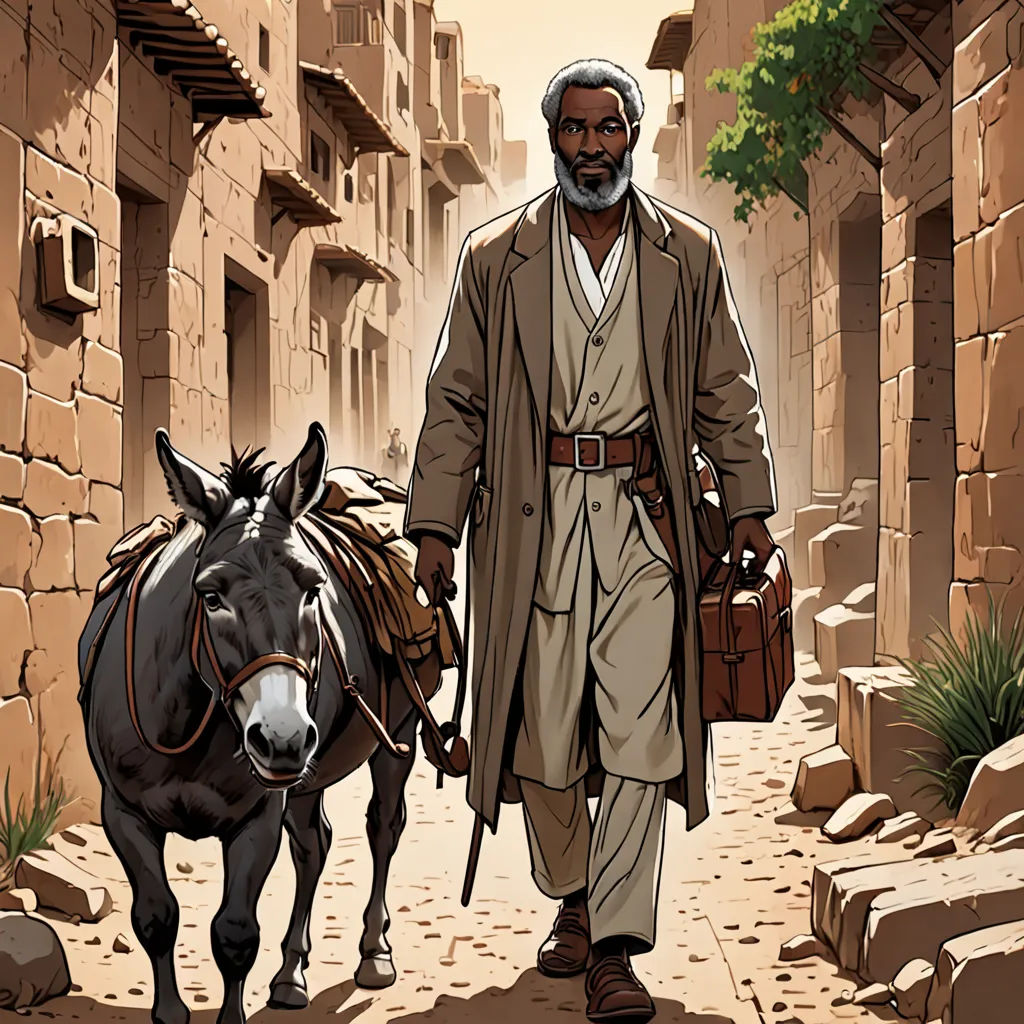 a man walking down a street next to a horse and a donkey on a street with stone buildings in the background, a character portrait, western comic book art, harlem renaissance, Asaf Hanuka