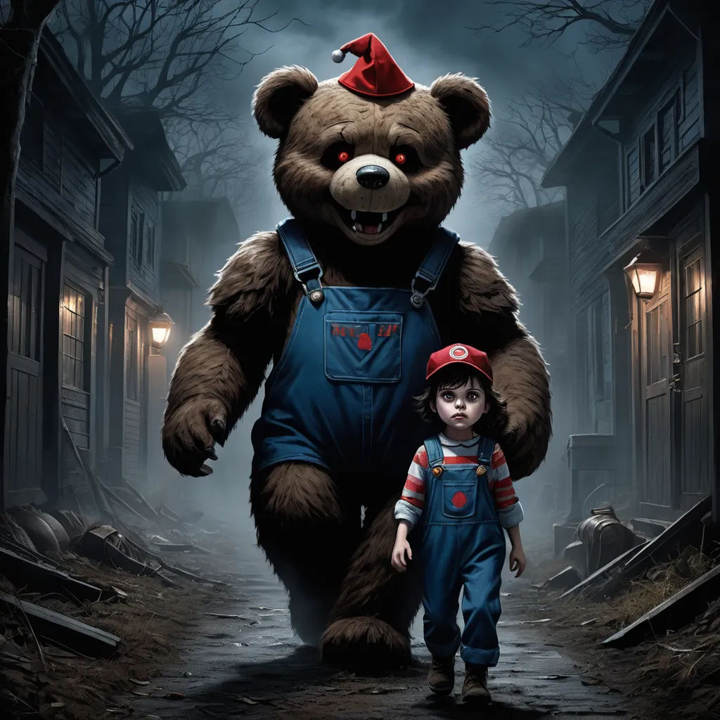 a child is walking next to a large teddy bear in a creepy alley with a red hat on his head, sots art, poster art, Clark Voorhees, key art