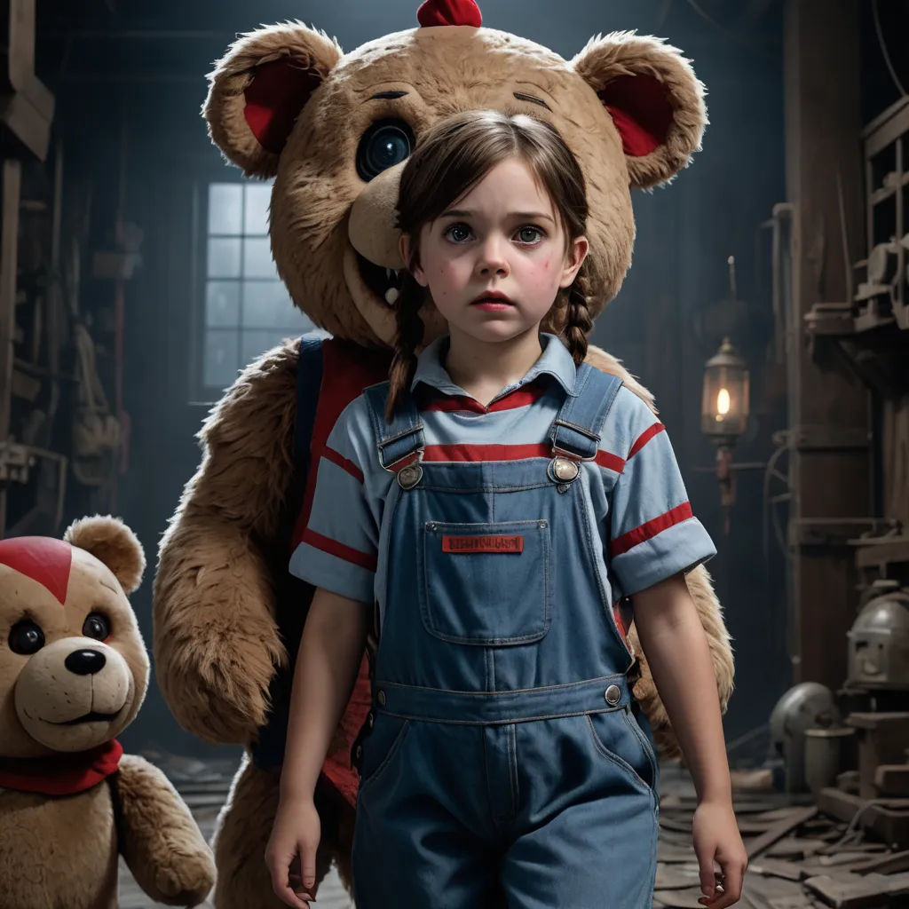 a young girl standing next to a large teddy bear in a factory with a large teddy bear behind her, art photography, a poster, Diego Gisbert Llorens, promotional image
