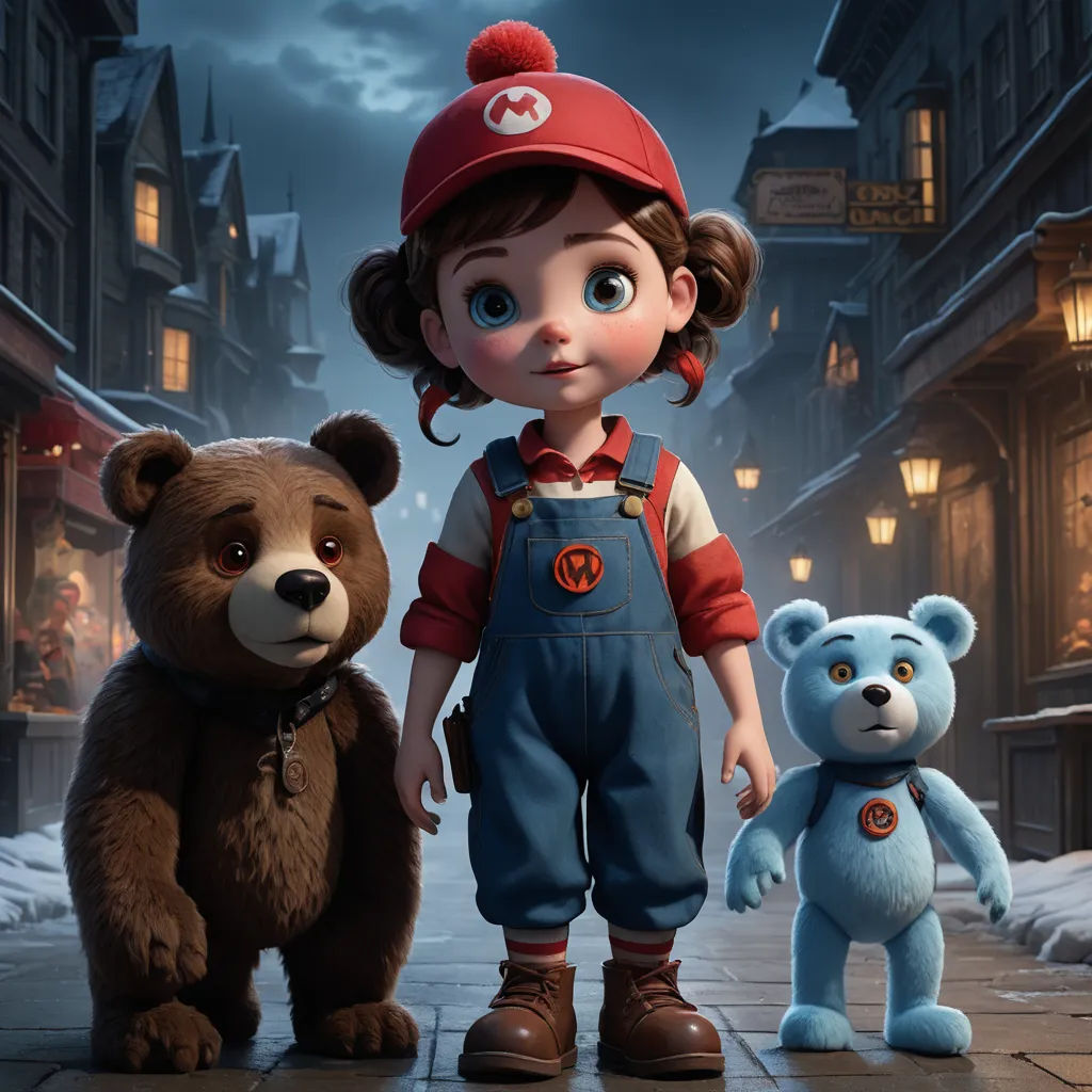 a little girl standing next to two teddy bears in a street at night with a full moon in the sky, sots art, concept art, Chris LaBrooy, cgstudio
