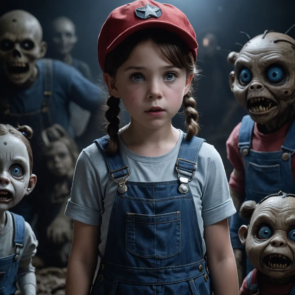 a young girl standing in front of a group of creepy dolls with blue eyes and a red hat on, shock art, poster art, Diego Gisbert Llorens, promotional image