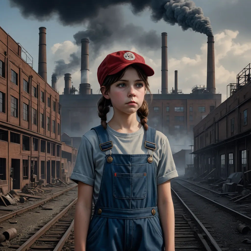 a young girl in overalls and a red hat stands in front of a train track with smoke stacks, photorealism, a photorealistic painting, Daniel Lieske, ultra realistic digital art
