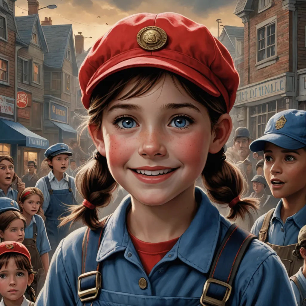 a painting of a girl in a red hat and overalls with a crowd of children in the background, fantastic realism, a detailed painting, Bob Byerley, highly detailed digital painting