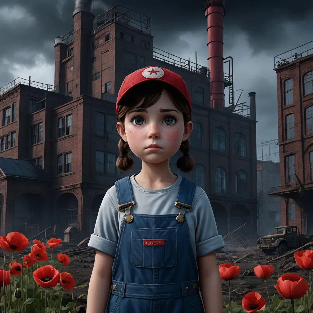 a girl in overalls and a red hat stands in front of a red brick building with a red pipe, photorealism, a detailed matte painting, Alejandro Burdisio, cgstudio