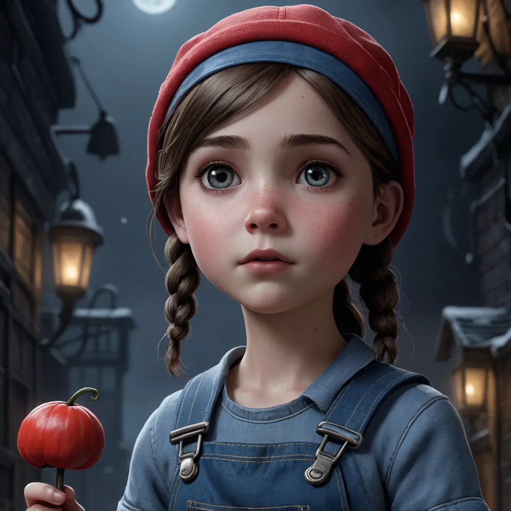 a girl with a red hat holding a tomato in her hand and looking at the camera with a creepy look on her face, photorealism, a photorealistic painting, Alice Prin, cgstudio